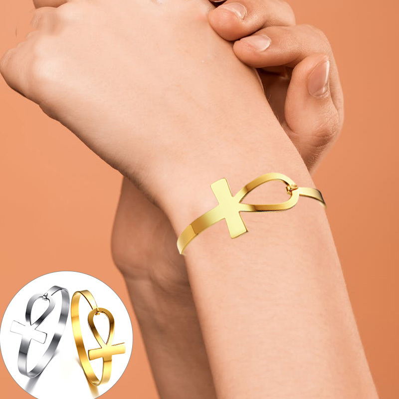 Women Accessories Egypt - Damen-Kreuz-Armbänder, Anti-Allergie-Edelstahl-Armreif mit Schlüssel des Lebens,