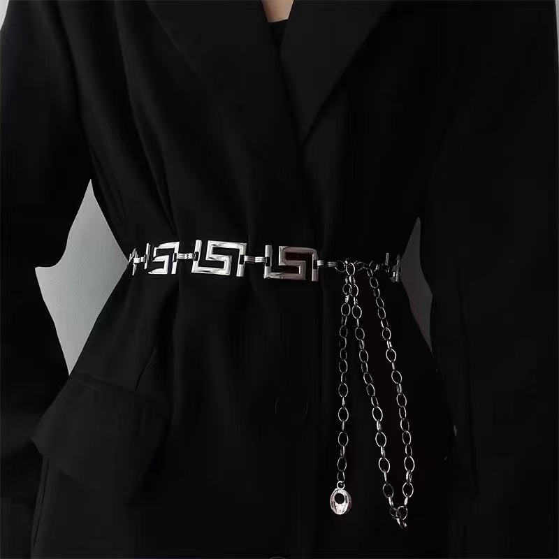 Women'S Jeans Accessories Chain - Griechische Schlüsselmuster-Geometrie Metall-Taillenkette Glänzender Dekorativer Bauchgürtel