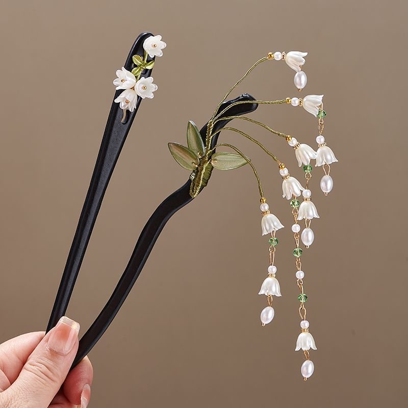 Pearl Hair Pin - Maiglöckchen-Blütenblätter, Imitationsperlen, lange Fransen, Acryl-Haarstäbchen für