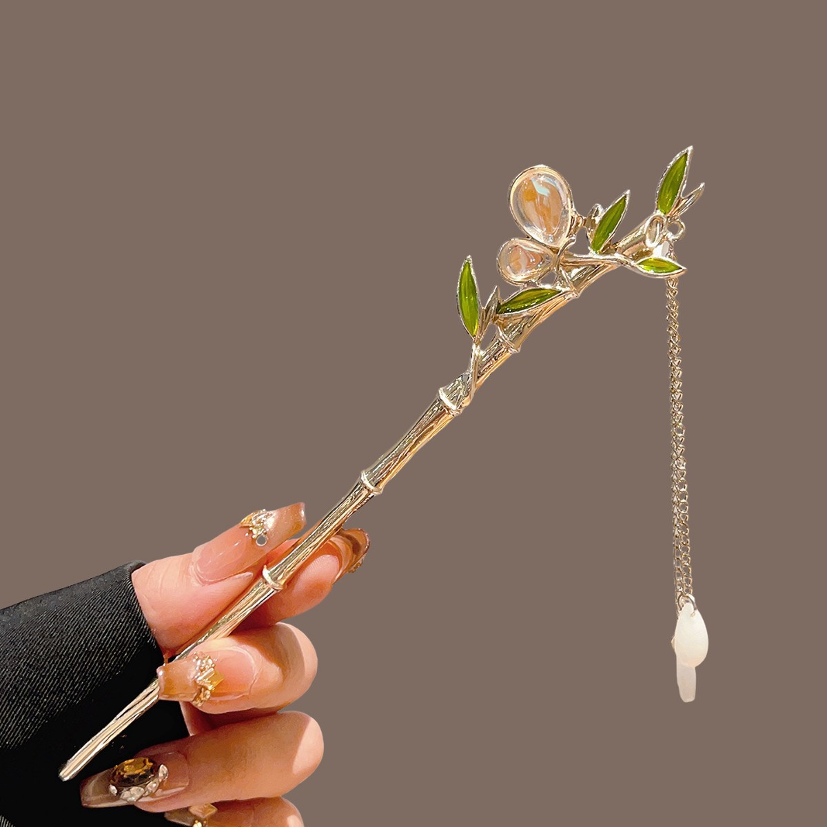 Pearl Hair Pin - Grüner Bambus-Haarstab mit Quaste für Han-Kostüme,