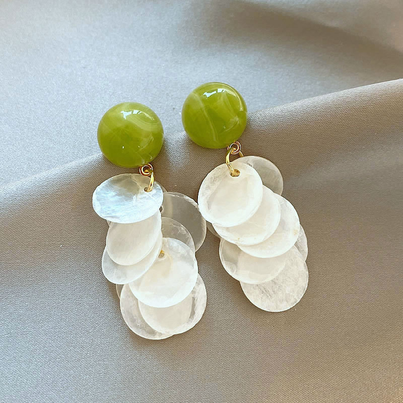 Tassel Earrings Boho - Hochwertige Clip-On-Ohrringe, Avocadogrün, Muschelform, Runde Quasten,