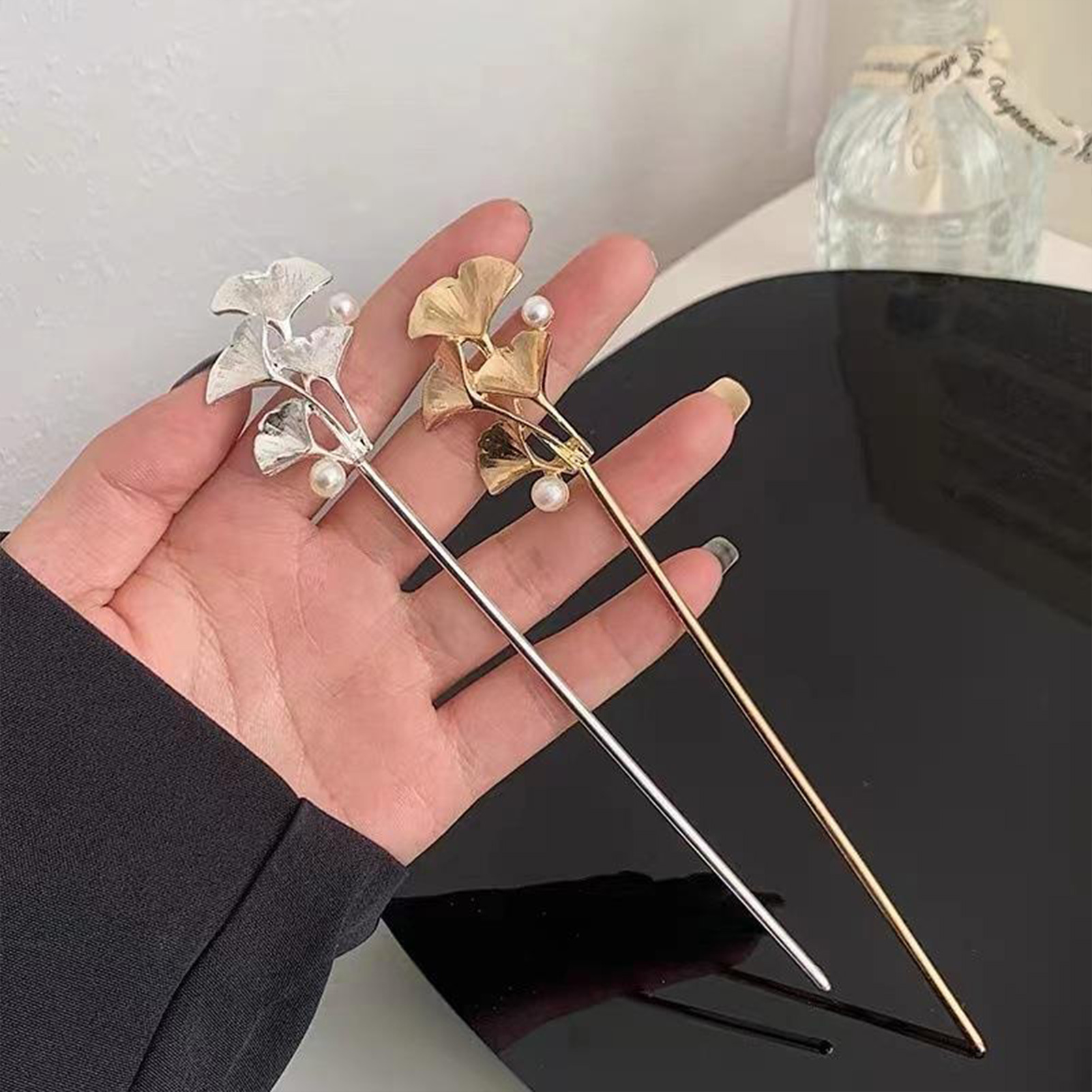 Pearl Hair Pin - Ginkgo-Blatt-Haarstab für Frauen, gold/silber, Retro-Perlen-Haarnadeln im
