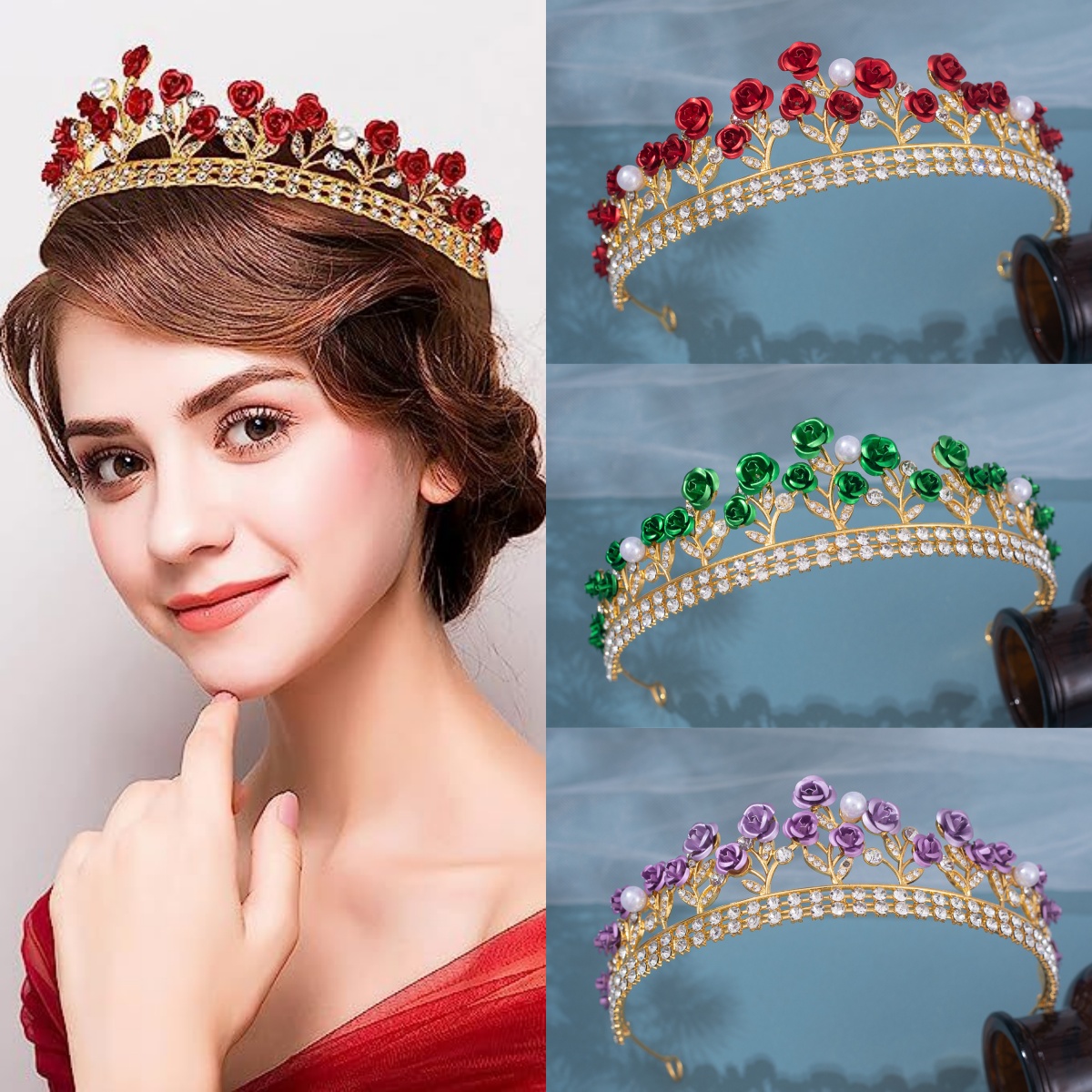Women'S Wedding Accessories - Barocke Keramik-Brautkrone Strass-Diadem Haarschmuck Kristall-Perlen-Rosenkrone Tiara